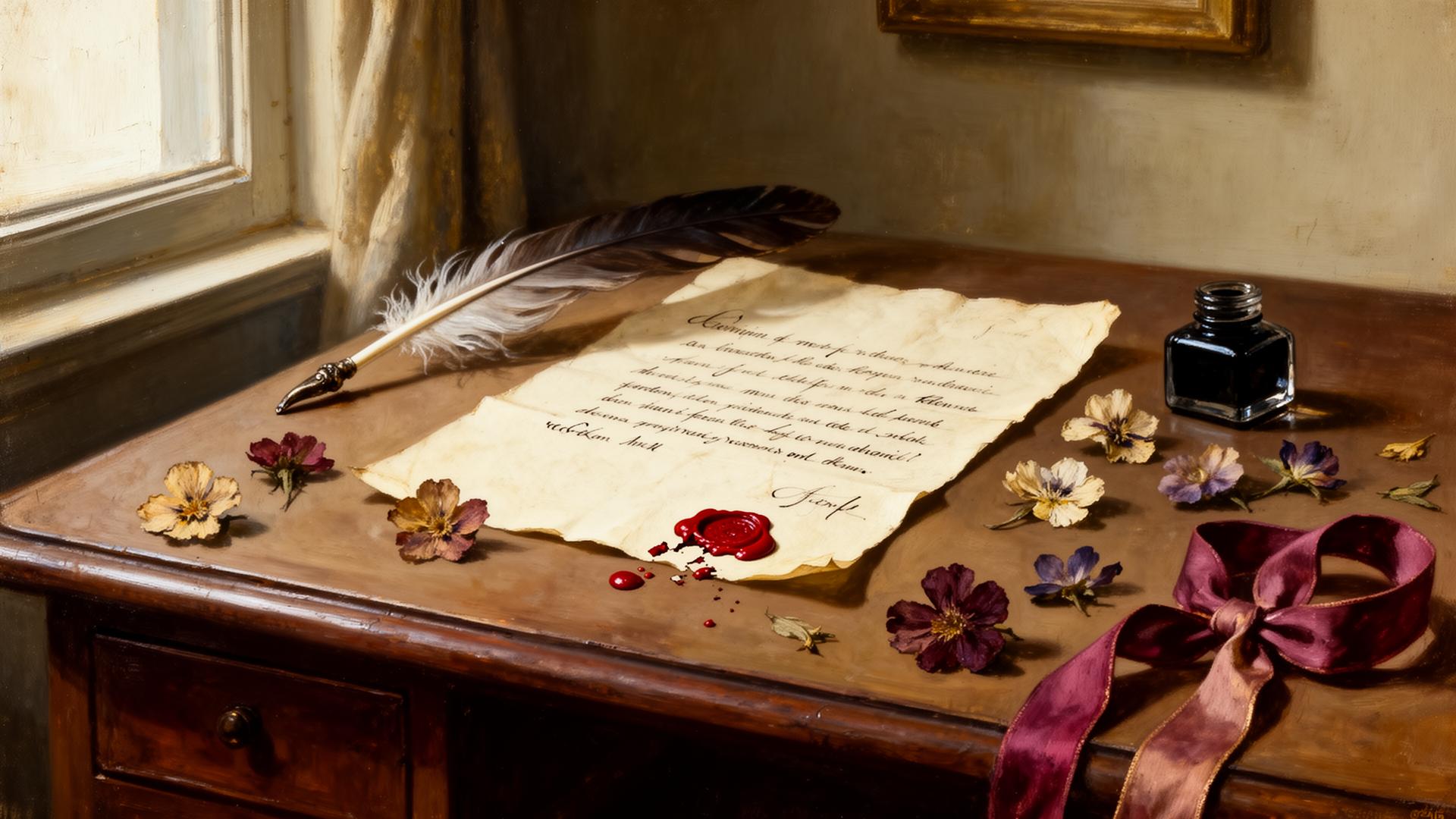 A handwritten letter with a broken oxblood wax seal, quill, pressed flowers and ribbon on a writing desk.